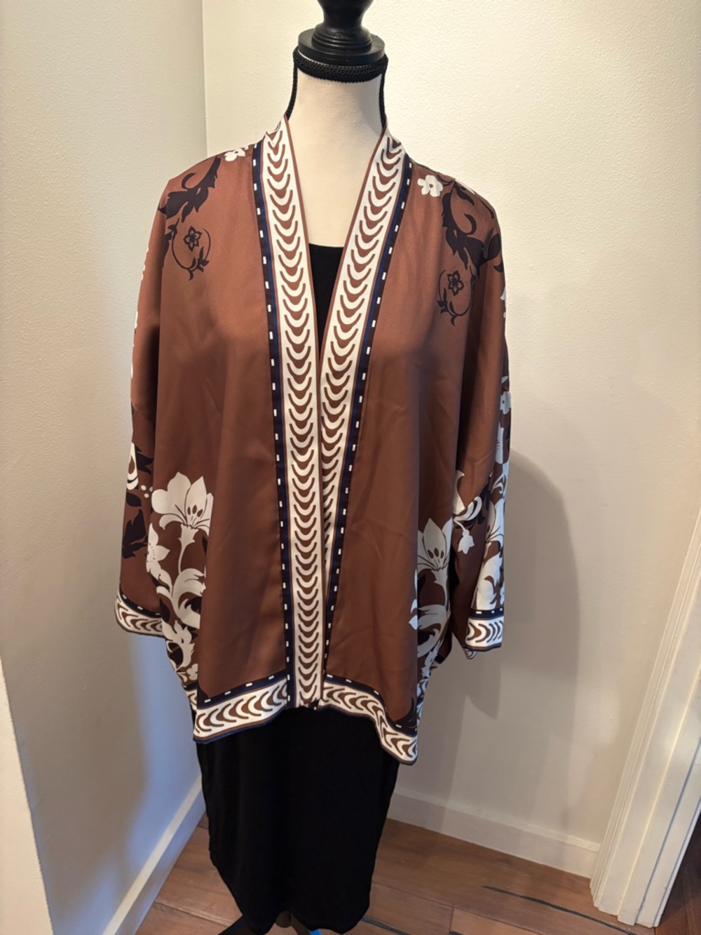 Chico’s Traveler Brown Floral Kimono Jacket & Black Evening Wear Dress Pairing